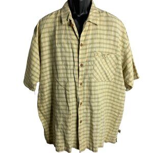 Vintage 90s Bugle Boy Button Up Camp Shirt 2XL Beige Plaid Collar Chest Pocket